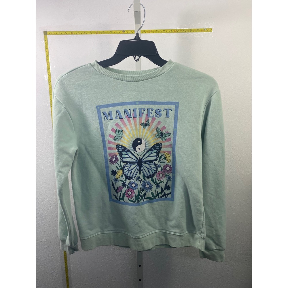 Manifest Butterfly Graphic Sweatshirt Mint Green Yin Yang Floral Pullover S